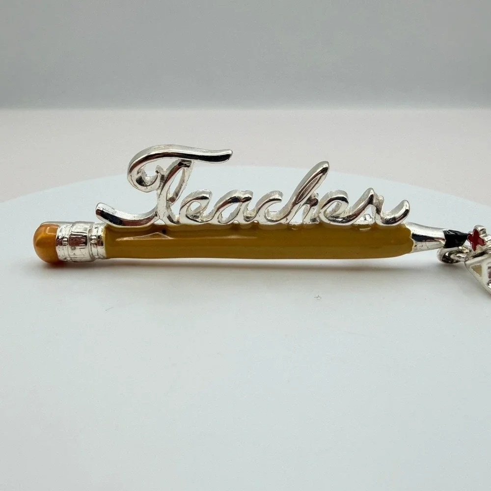 Vintage Two Tone Yellow‎ Enamel Teacher A+ Education Classic Pencil Brooch Pin